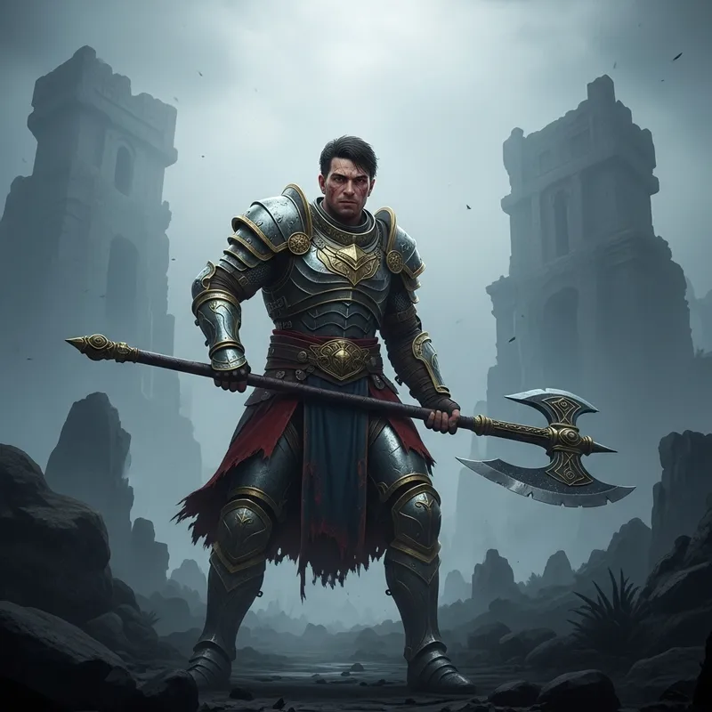 Epic God of War Scene: Armored Protagonist with Magical Axe Epic God of War Scene: Armored Protagonist with Magical Axe