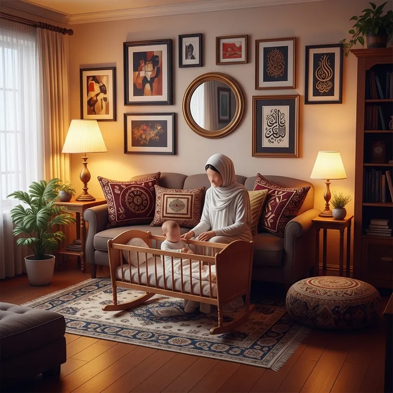 Cozy Home: Woman in Hijab Rocking Baby in Cradle