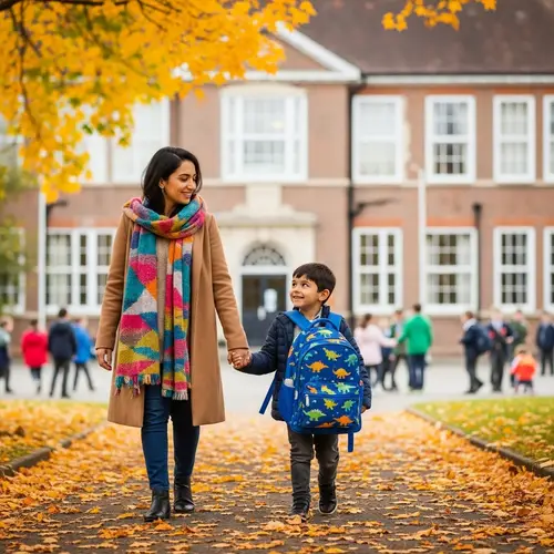 Autumn Walk to Primary School: Middle-Eastern Mother and Son