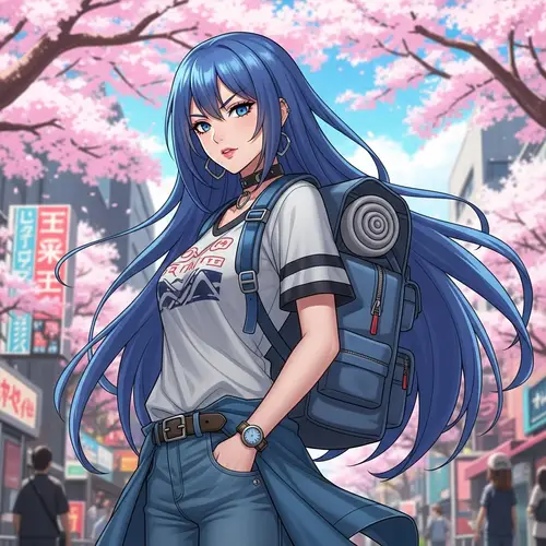 Anime-Style Girl with Electric Blue Hair | Fashionable Outfit