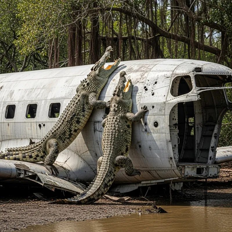 Crocodiles devouring aeroplane - Nature's power