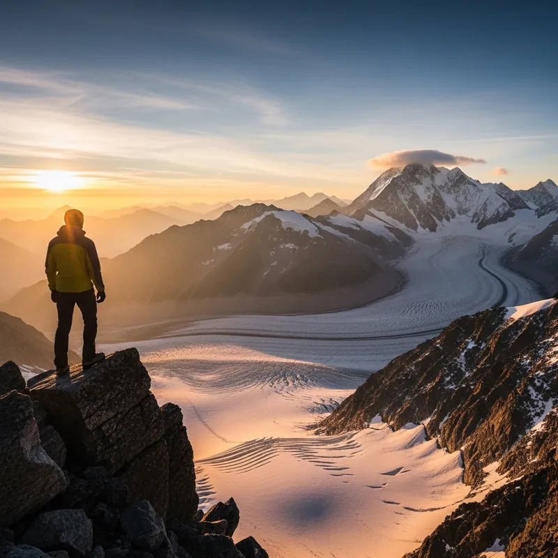 Stunning Mountain Panorama with Mountaineer overlooking Snow-Covered Glacier