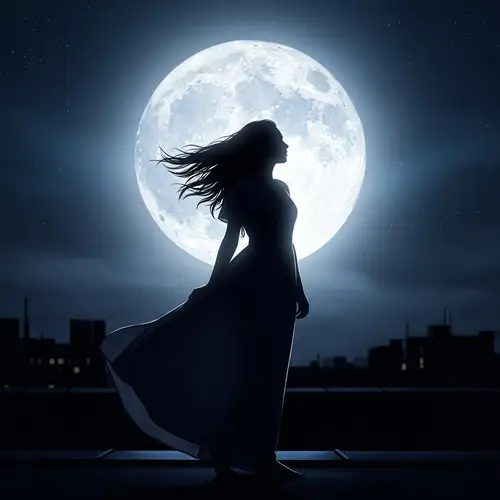 Moonlit Rooftop Scene with Enigmatic Woman
