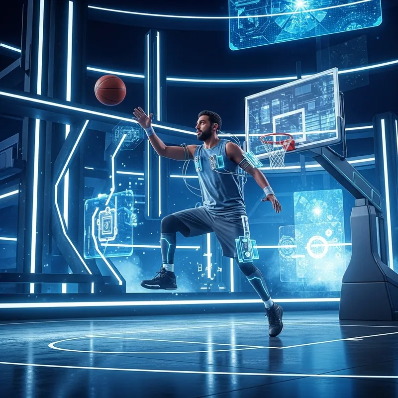 Futuristic Man Playing Basketball in Neon-Lit Environment