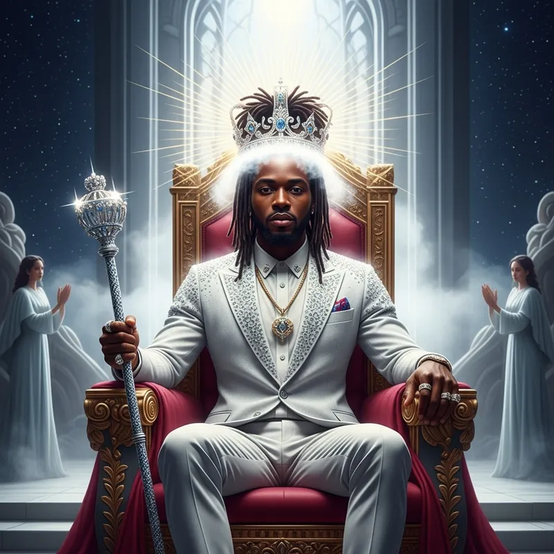 Majestic Throne Room with Radiant Black Man in Jewel-Encrusted Suit