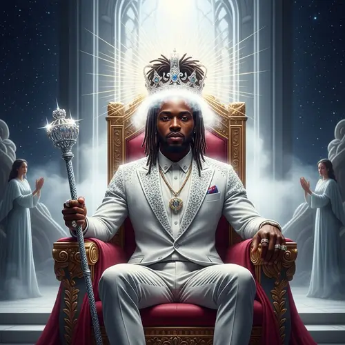 Ethereal Throne Room: Majestic Black Man in Jewel-Encrusted Suit
