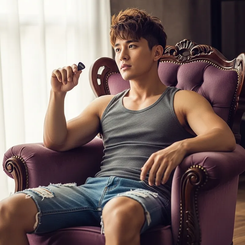Young Asian Male Musician Seated on Plush Armchair in Denim Shorts and Tank Top