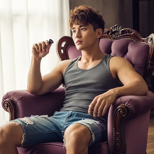 Asian Male Musician Seated in Plush Armchair | Short Tank Top Shorts