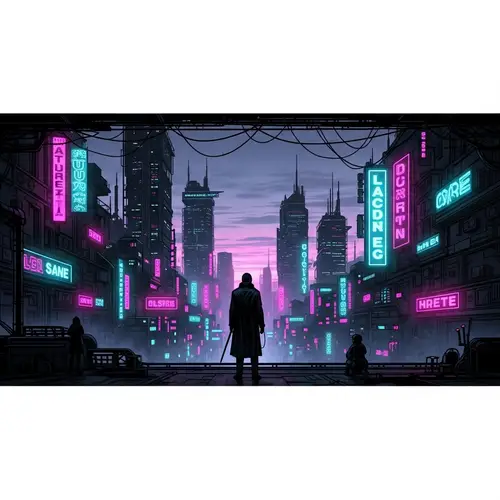 Cyberpunk Cityscape at Twilight | Neon Hues and Trench Coat Shadow