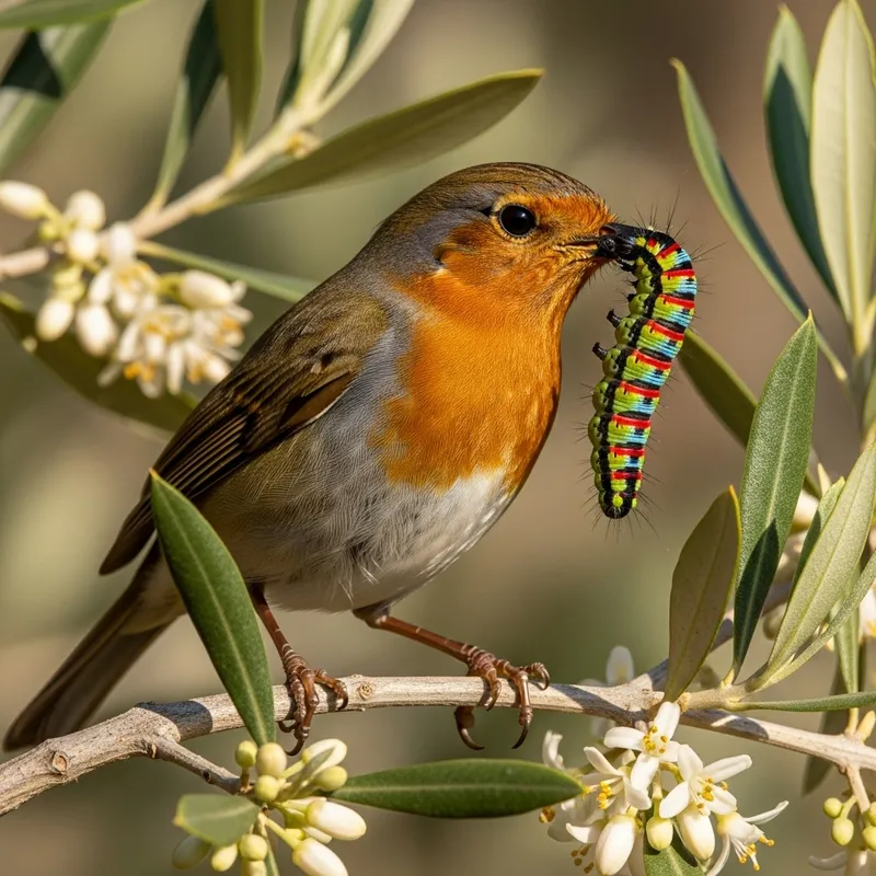 Golden-Breasted Robin perched on a blossoming olive branch, with rainbow-colored moth caterpillar