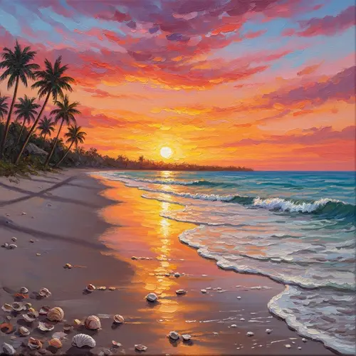 Serene Sunset Beach Painting with Impressionist Style