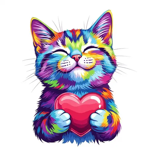 Vibrant Pop Art Illustration of a Blissful Cat Holding a Heart