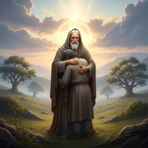 Priceless Memory: Spiritual Figure Hugging Anonymous Individual