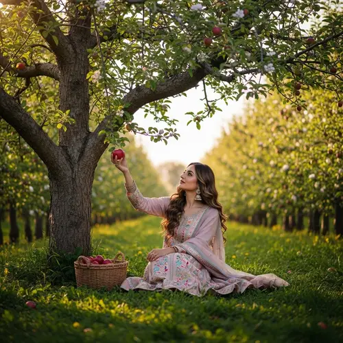 Serene South Asian Woman Under Apple Tree | Peaceful Orchard Scene