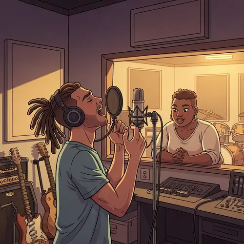 Cartoon Man with Dreadlocks in Recording Studio with Plus-Sized Black Girlfriend