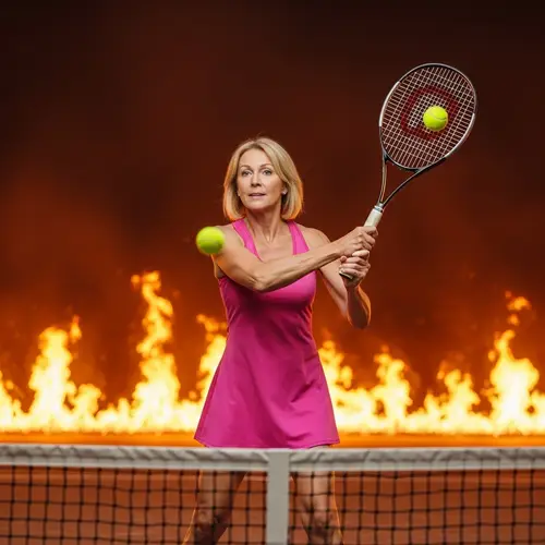 Middle-Aged Blonde Tennis Player Weight 138lbs Hitting Backhand Shot