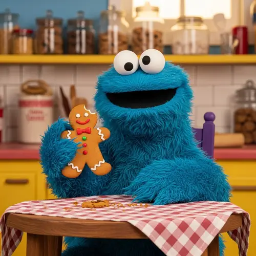 Adorable Cookie Monster Enjoying Gingerbread Man | Kitchen Scene