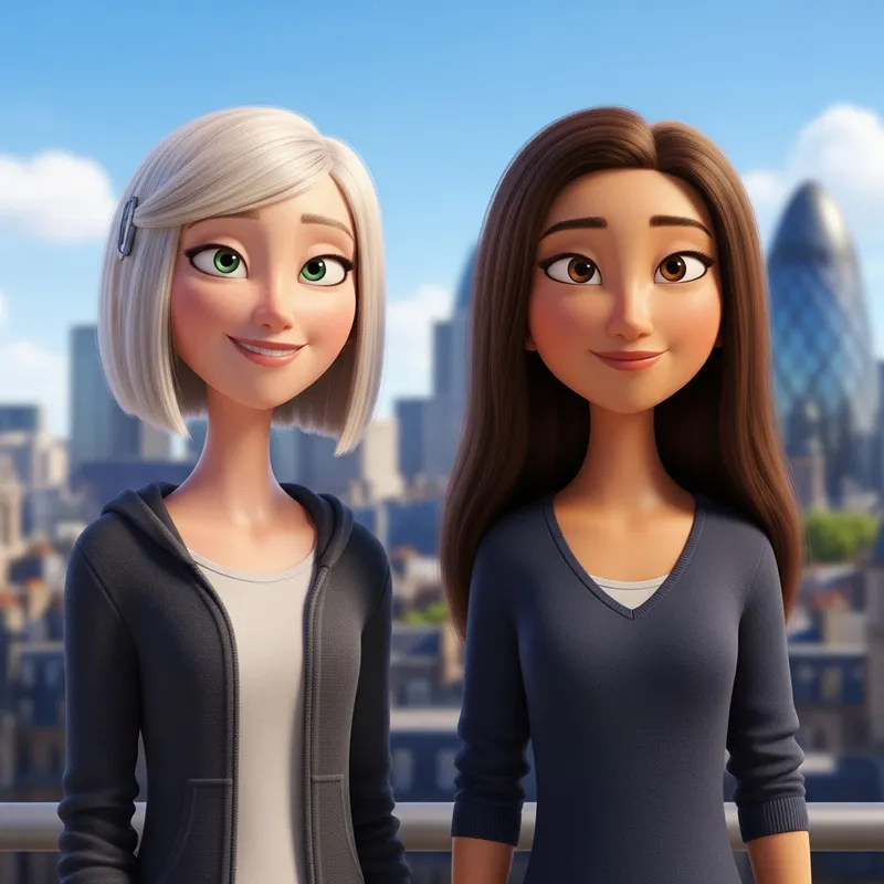 Pixar-Style Fair-Skinned and Asian Women in London Cityscape