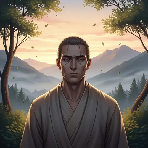 Tranquil Stoic Figure in Serene Landscape
