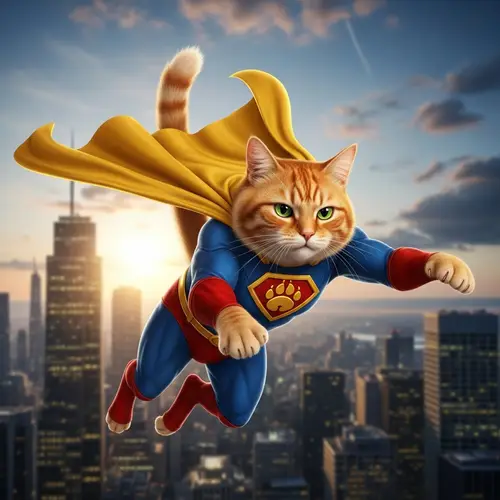 Superhero Cat | Dynamic Pose with Fluttering Cape