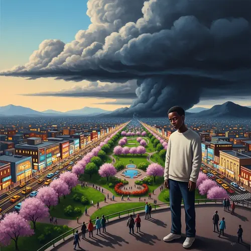 Luminous Dreamscape: Oil Painting of Alone African Descendant in Vibrant City