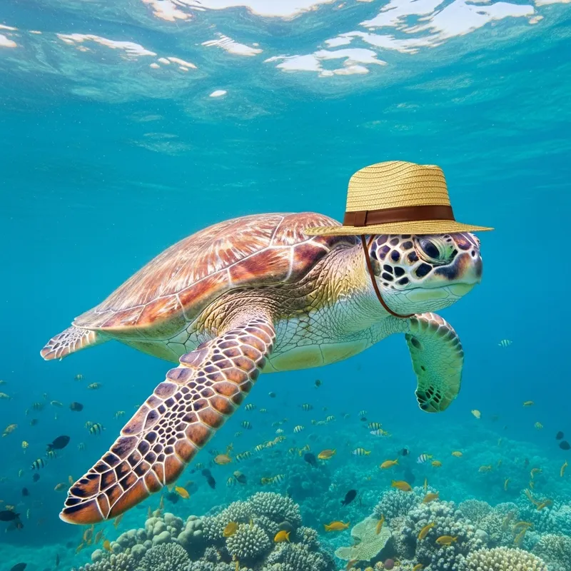 Turtle with Hat Swimming in Ocean Turtle with Hat Swimming in Ocean