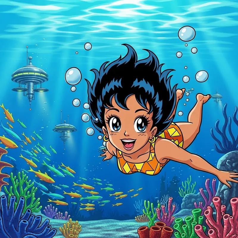 1960s Anime Sci-Fi Extroverted South Asian Female Swimming