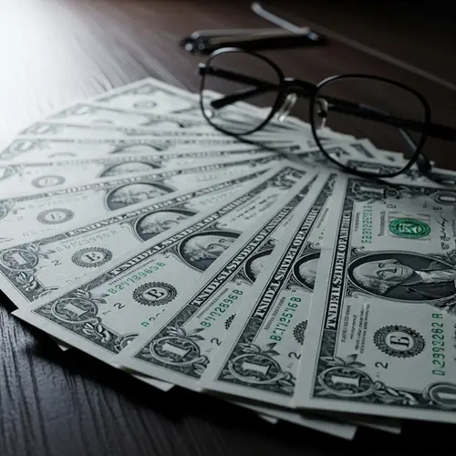 Neatly Arranged Fan of US One Dollar Bills on Wooden Table