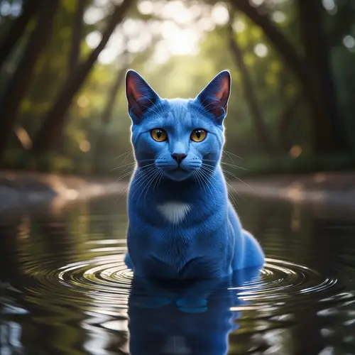 Blue Cat Sitting in Water - Cute Feline Image