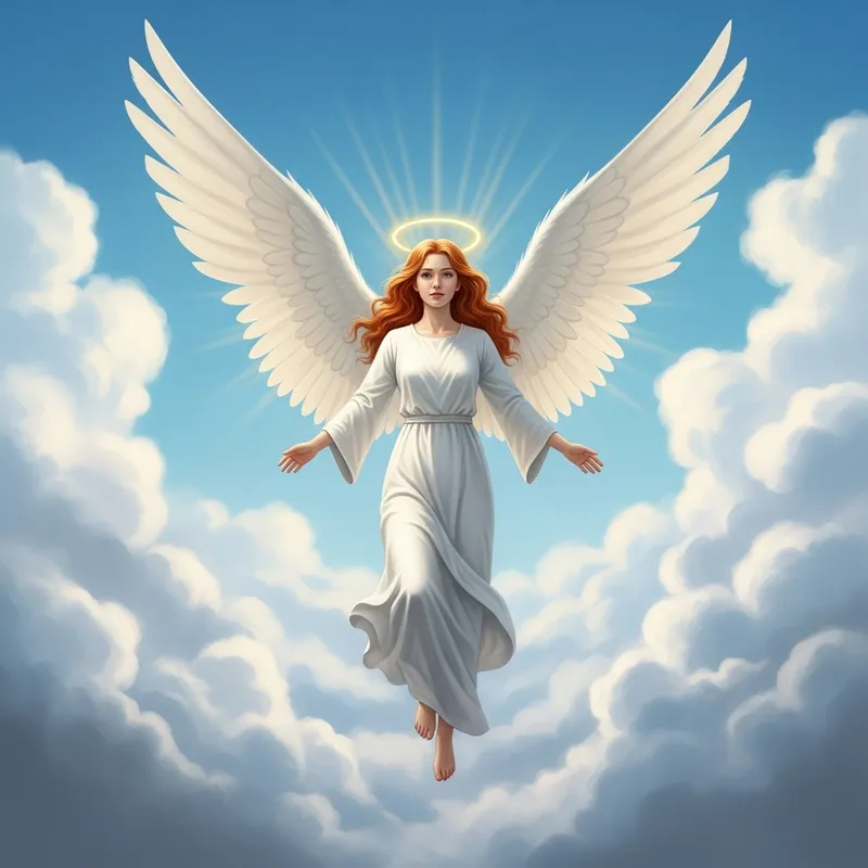Majestic Redheaded Angel Flying Above Clouds