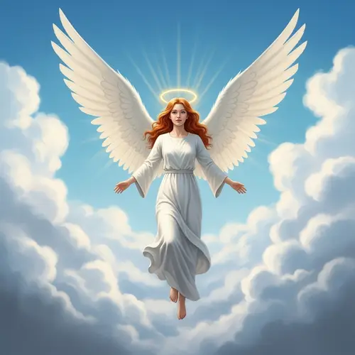 Majestic Redheaded Angel Soaring in White Clouds