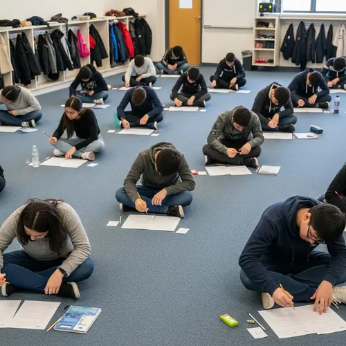 Diverse Students Intently Focused on Exams in Classroom Setting