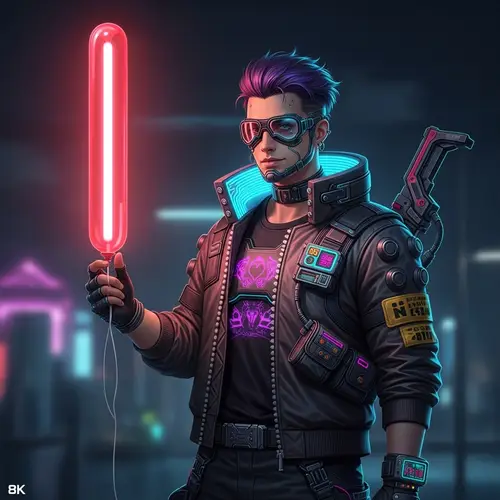 Charismatic Cyberpunk Fashion Model with Fluorescent Red Balloon