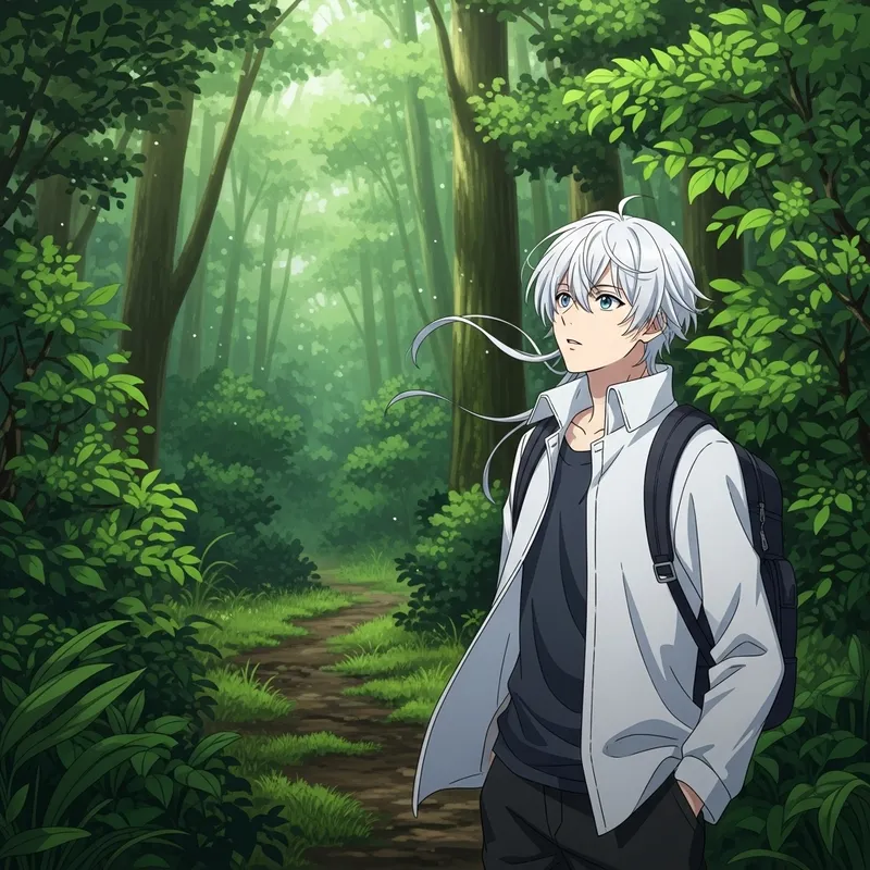 Curious Young Man Stands at Edge of Verdant Forest