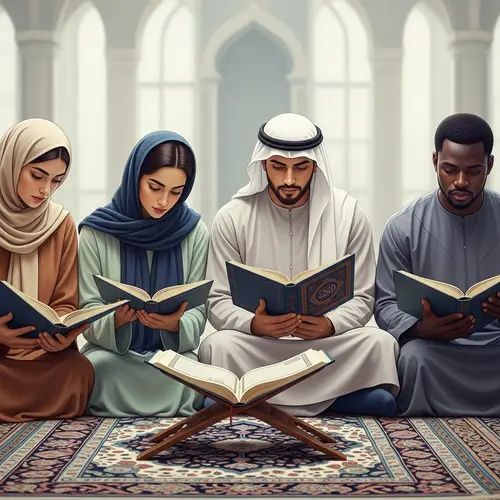 Diverse Muslims Reading Quran | Religious Harmony Scene