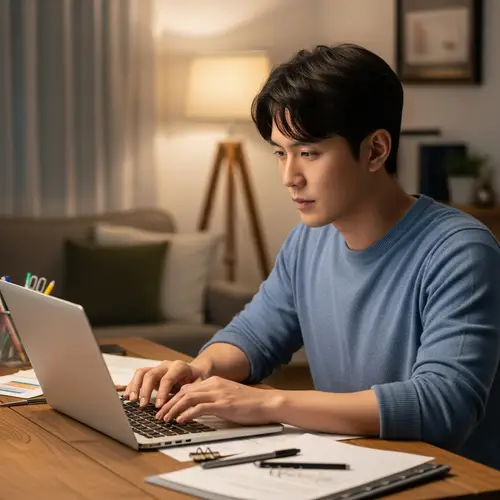 Focused East Asian Man Working on Laptop in Cozy Atmosphere