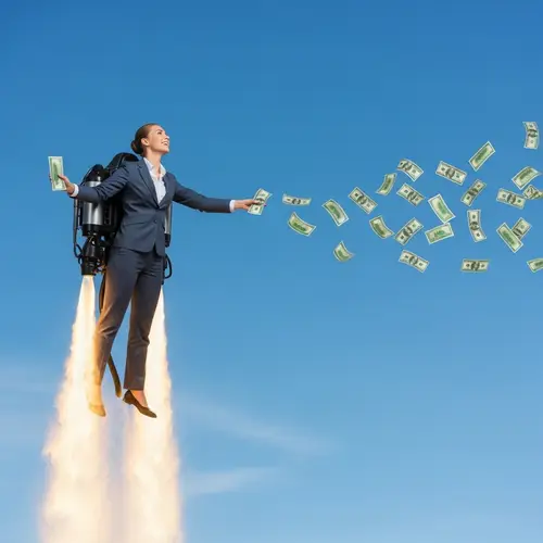 Caucasian CEO Soaring with Jetpack | Money Trail in Sky