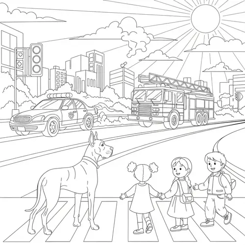 Children's Coloring Page: Great Dane at Crosswalk with Police Car and Fire Engine