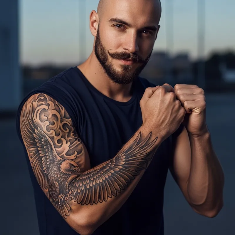 Bald Athletic Man with Beard and Tattoo