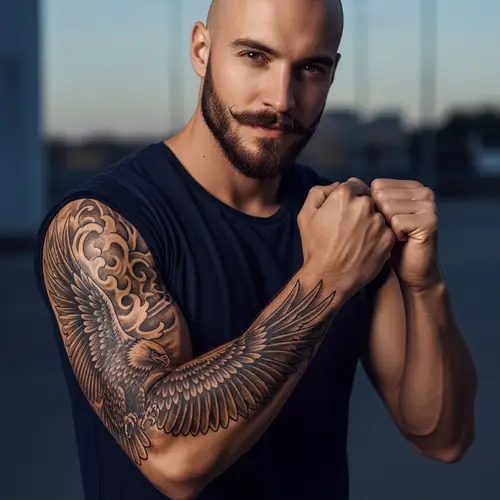 Athletic Bald Man with Facial Hair and Tattoo