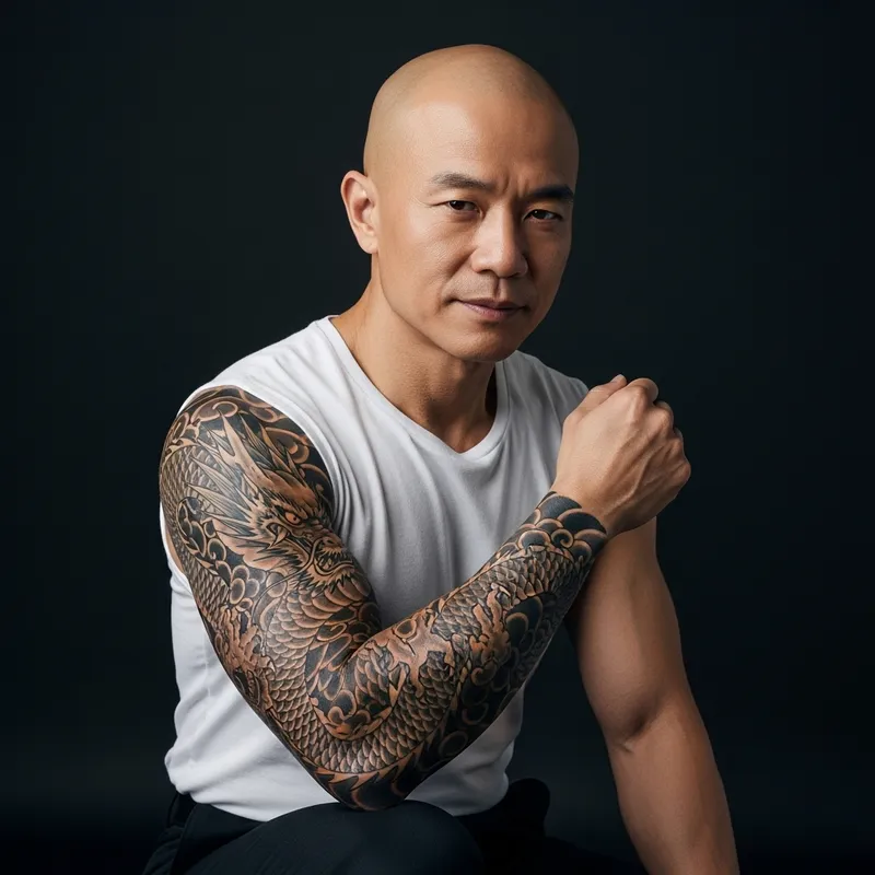 Bald Asian Man with Intricate Dragon Tattoo - Strength and Wisdom