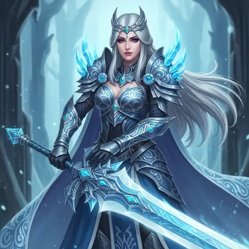 Elegant Warrior Woman in Icy Blues and Silvers with Crystalline Greatsword