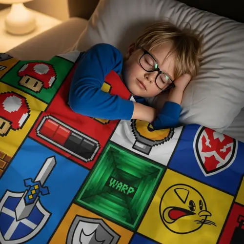 Blonde Boy with Glasses Lying in Bed with Fortnite Blanket