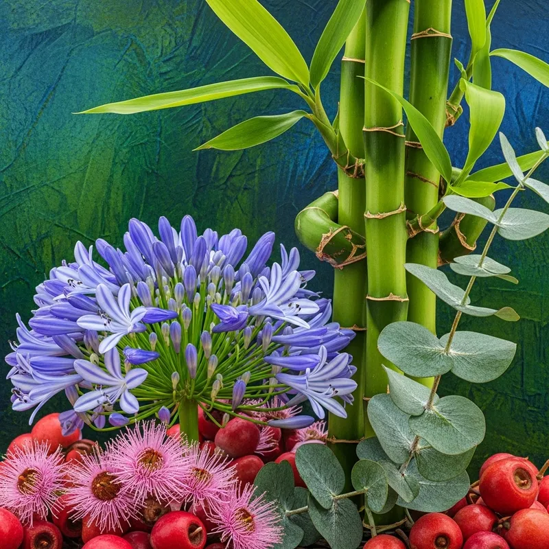 Botanical Beauty: Vibrant Flower Photo with Bamboo, Agapanthus, and Eucalyptus | HDR Effects