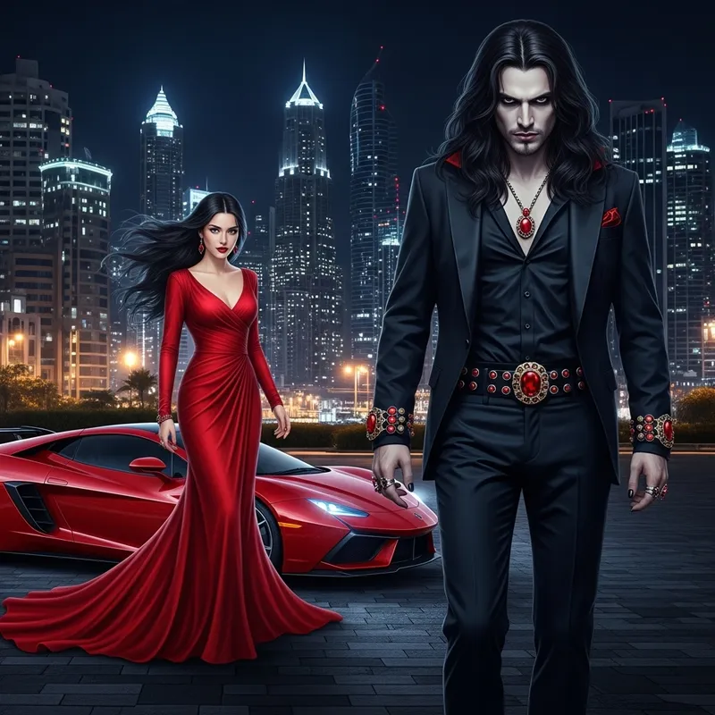 Captivating Night City Scene with Elegant Woman and Handsome Man