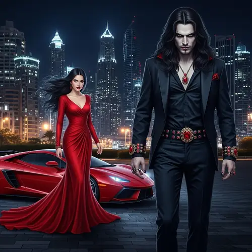 Luxurious Night City Scene with Woman in Red Dress and Handsome Man