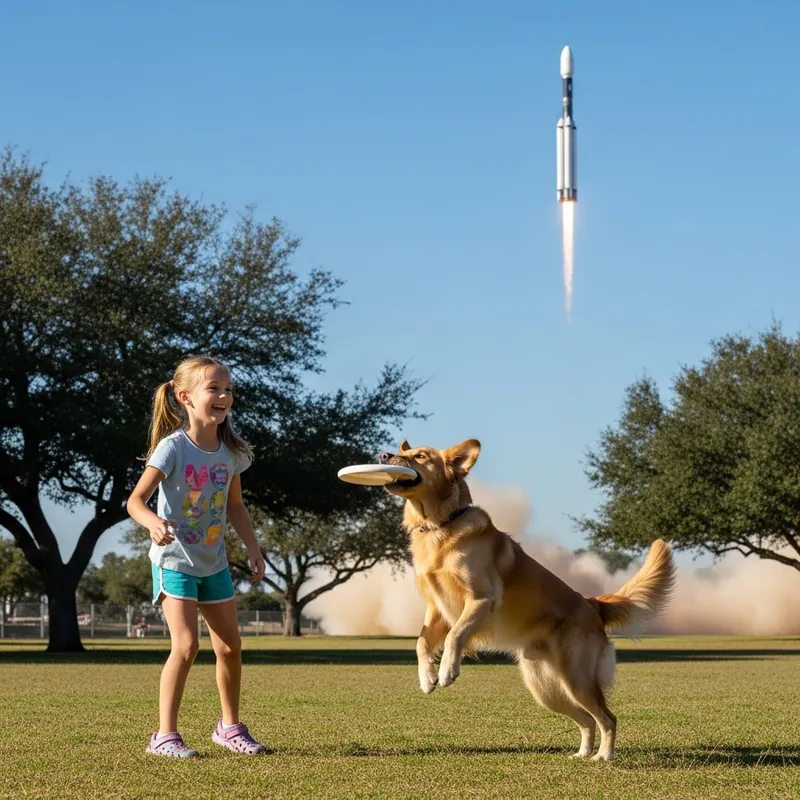Caucasian Girl Playing Fetch with Dog and Rocket Background