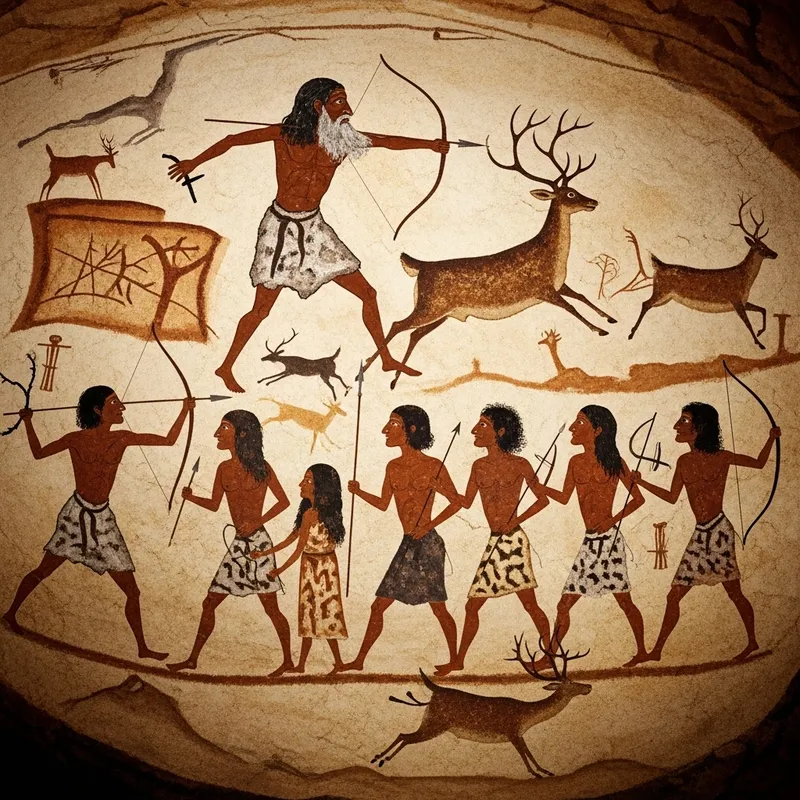 Ancient Cave Painting depicting Seasoned Hunter and Group hunting Deer