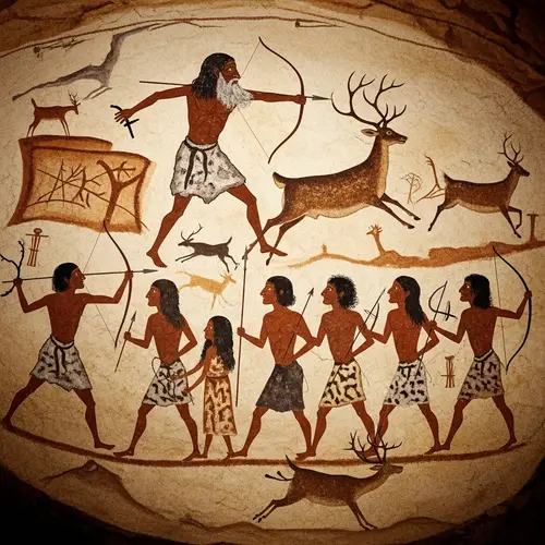 Ancient Cave Painting of Seasoned Hunter Leading Group of Hunters in Pursuit of Deer