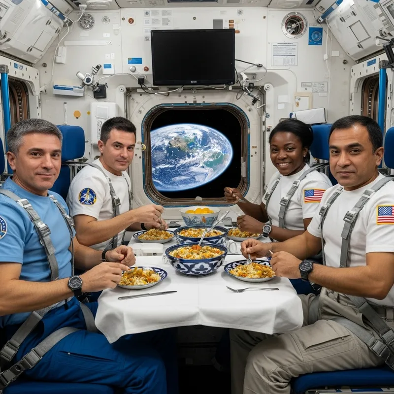 Astronauts Dining on Uzbek Plov in Space Station with Earth View